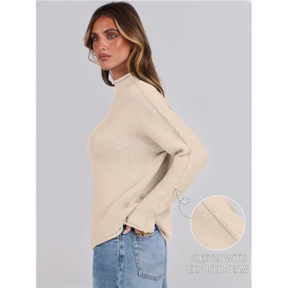 Women Long Sleeve Mock Funnel Neck Knit Pullover Sweater Top Fall Fashion - Picture 3 of 7